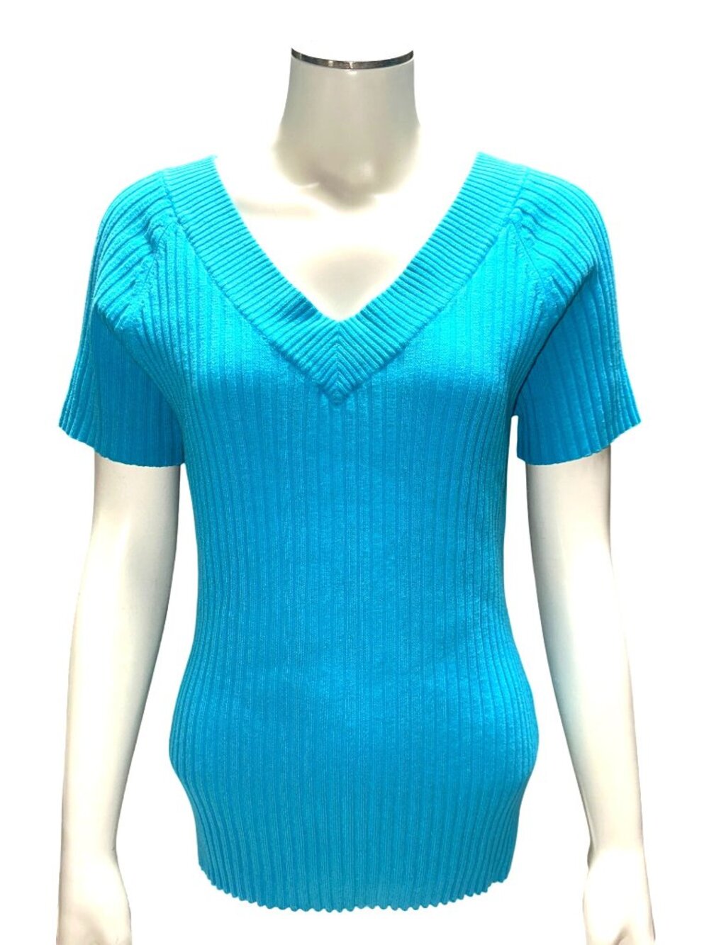 Chadwicks Size L Aqua Blue Ribbed Knit V Neck Sweater Top Coastal Citycore Style - Picture 2 of 8